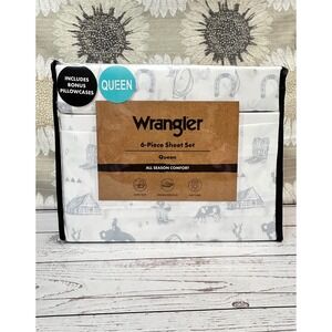 Wrangler Queen 6-Piece Sheet Set On The Ranch Blue Western Cowboy Boots